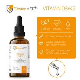FürstenMED® Vitamin D3 K2 Drops - 50 ml - 1515 Vitamin D3 K2 High Dose in MCT Oil on Coconut Base (D3K2) - Vitamin K2 Drops - No Additives