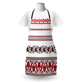 Lunarable Antique Apron, Traditional Ukrainian Borders Set Classical Vintage Lace Like Tile Print, Unisex Kitchen Bib with Adjustable Neck for Cooking Gardening, Adult Size, Red Black