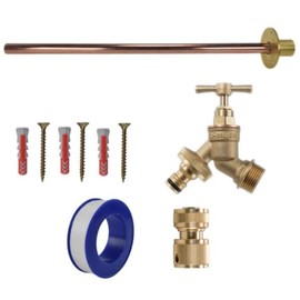 Snap-On Bib Tap Outdoor Basic Tap Kit 1 with Brass Hose Connector - Comes with ½” Brass Bib Tap, Wall Plate, Screws, Wall Plugs & PTFE Tape for Outdoor Water Access