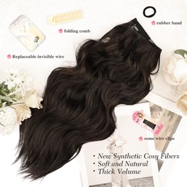 MORICA Invisible Wire Hair Extensions - 20 Inch Brown Black Long Wavy Synthetic Hairpiece with Transparent Wire Adjustable Size, 4 Secure Clips for Women