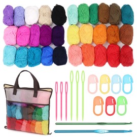 Tanstic 51Pcs Crochet Yarn Kit, Including 32 Colors Assorted Acrylic Yarn Skeins, 10Pcs Stitch Markers, 2Pcs Crochet Hooks, 6Pcs Weaving Needles and a Storage bag for Crocheting & Knitting