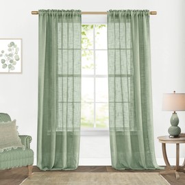 SHINELAND Light Green Curtains 96 Inches Long for Living Room,Faux Linen Sheer 8FT 8 FT Ceiling to Floor Length Curtains 96 Inch Length 2 Panel Set,Grey Sage Green