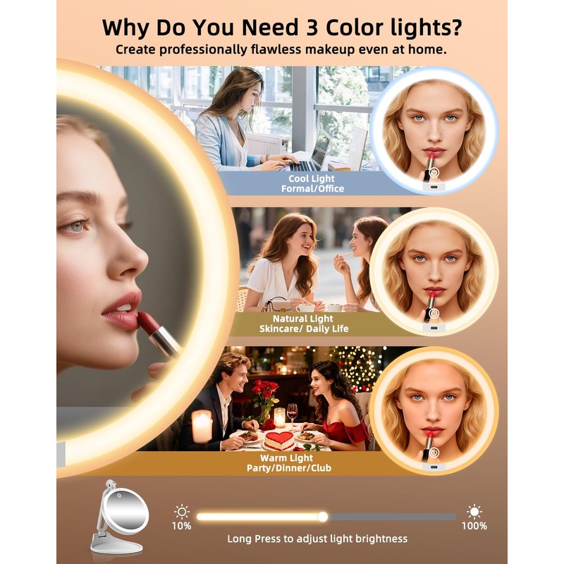 Travel Magnifying Makeup Mirror with Lights, Dual Sided 1X/40X, Foldable