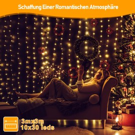 HeiPard Christmas Curtain Lights 300LED 3x3m, Fairy Lights Plug in USB with Remote, 8 Modes & Dimmer, IP44 Waterproof, Curtain String Lights for Bedroom Wedding Party Decorations (Warm White)