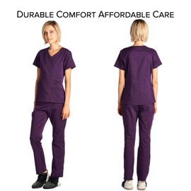 Dagacci Medical Uniform Women's Scrubs Set Stretch Ultra Soft Y-Neck Wrap Top and Pants Egg Plant S