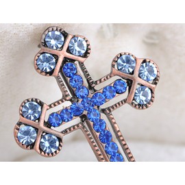 Alilang Copper Tone Sapphire Blue Colored Rhinestones Holy Cross Brooch Pin