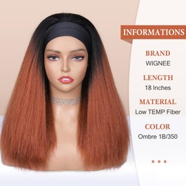WIGNEE Kinky Straight Headband Wig for Women 18 Inches Yaki Straight Wigs with Black Headband Kinky Straight Wigs for Black Women (1B/350#, 18 Inch)