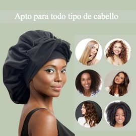 Gorro de Pelo Rizado de Satén,Dormir de Seda Ajustable,Banda Elástica,Gorro de Noche para Cabello Rizado,Ideal para Dormir,Ducha y Belleza,Negro