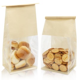 50 pcs Bakery Bags with Window, Reusable Paper Bread Bags, Tin Tie Tab Lock Cookie Bag Food Storage Bag for Snacks, Popcorn, Candies, 60 pcs Stickers Included (Light Brown, Small(11''x5.1''x3.9''))