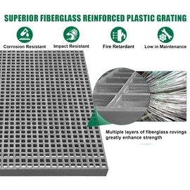 Natotela 24x24in Fiberglass Molded Grating, FRP High Strength Grate Panel 11000 LBS Capacity 1.5'' Mini Mesh Square Heavy Duty Bar Grating for Outdoor,Car Wash,Deck,Drain,Industrial Aera,Grey