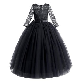Little Big Girls Vintage Floral Lace Half Sleeve Pageant Long Tutu Dress Princess Party Floor Length Tulle First Communion Junior Bridesmaid Formal Prom Puffy Evening Dance Gowns Black 13-14 Years