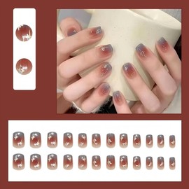 Jiasion ネイルチップ 24枚入り 人気 和風 かわいい シンプル おしゃれ 成人式 結婚式 日常生活 花嫁ネイル 光沢 つけ爪両面テープ+木製スティック+ネイルファイル付き (グレーブルー)