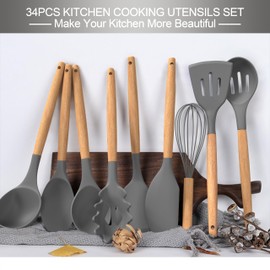 Silicone Cooking Utensils Set, 43Pcs Non-Stick Heat Resistant Kitchen Utensils Spatula Set with Wooden Handle for Baking, Cooking, and Mixing, Best Kitchen Gadgets Tools with Holder (Grey)