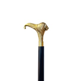 Brass Gold Finish Lion Head Handle Walking Stick Three Fold Black Wooden Cane for Men Women & Adults