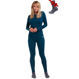Merino.tech Merino Wool Base Layer Women Set - Heavyweight, Lite, Midweight Merino Thermal Underwear For Women Top, Bottom (Large, 250 Deep Teal)
