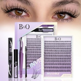 B&Q Venus Pestañas Postizas Kit Completo Naturales Banda Invisible Racimos 144 pcs Extensiones de Pestañas Efecto Natural Adecuado para Principiantes b&q Lashes con Lash Bond and Seal（Kit-Venus）