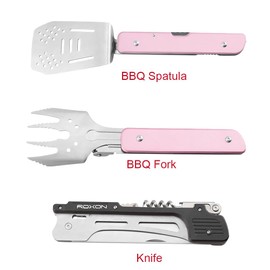 ROXON S601 14" 6 in 1 MBT3 Folding Grill Utensils Set Fork Spatula Grilling Knife Tongs Opener for Backyard Barbecue and Camping (Pink)