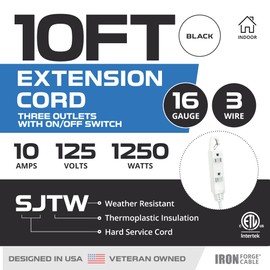 Iron Forge Cable 10 Ft 3 Outlets Black Extension Cord with Inline Switch On/Off, 16/3 SJTW 3 Prong with Hook for Hanging -10 AMP Cord - ETL Listed