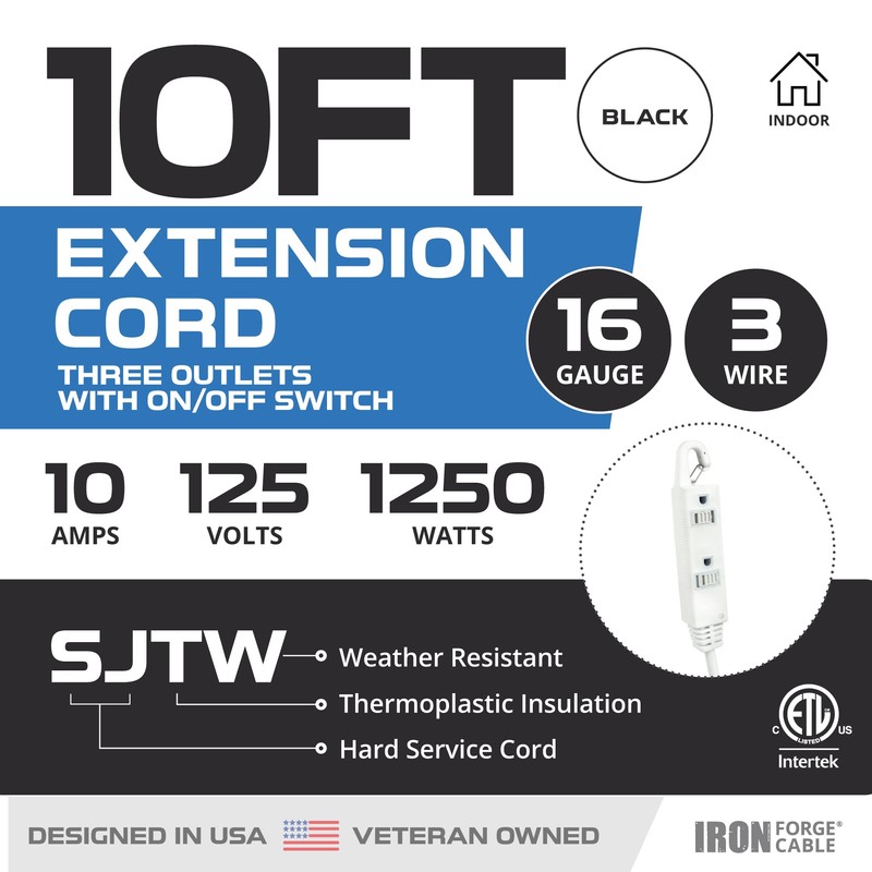 Iron Forge Cable 10 Ft 3 Outlets Black Extension Cord