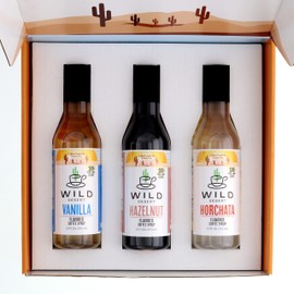 Wild Desert Gourmet Coffee Syrup Sampler Gift Set in Box 3 Pack BPA-Free Plastic 12 oz. Bottles with Pour Top - Vanilla, Horchata, Hazelnut Made with Non-GMO, 100% Pure Cane Sugar