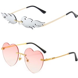 YouYuer 2 Pieces Flames Sunglasses Rimless Wave Sunglasses Fashion Retro Punk Style Party Glasses Metal Glasses Frames Unisex Flame-shaped Sunglasses Personality Retro Sunglasses, Pink and white