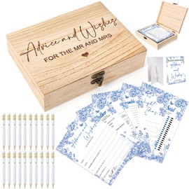 Silipull Bridal Shower Games Set for 50 Guests Includes Bingo, He Said She Said, Scramble, Would She Rather, Advice and Wishes Wedding Games Double Sided with Wooden Box, 20 Pencils(Blue Floral)