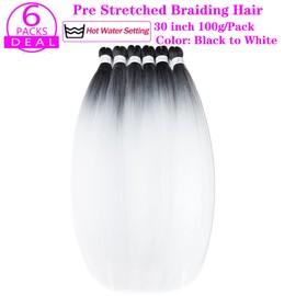 Pre Stretched Braiding Hair Extensions 30 Inch 6 Packs Long Professional Crochet Twist Braids Hair High Temperature Synthetic Fiber Yaki Texture(30",Black-White)