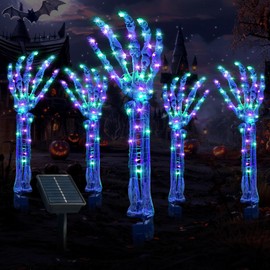 Zhaoray Solar Halloween Decorations,5Pack Skeleton Hands Halloween Pathway Lights - Waterproof LED Stakes with 250 Purple & Green Lights, 8 Modes - Scary Outdoor Yard Solar Powered Haunted Decorations