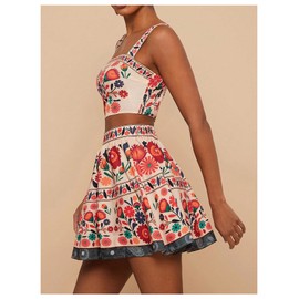 Milumia Women's 2 Piece Outfit Boho Floral Crop Cami Top High Waist Ruffle Short Skirt Set, Beige, Small