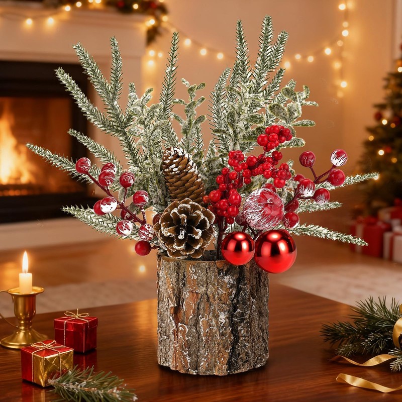 Mljsh Small Christmas Table Centerpiece with Pinecones & Red Berries,