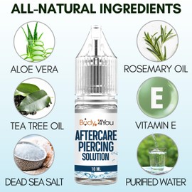 BodyJ4You Piercing Aftercare Drops - Saline Solution Natural Keloid Bump Removal - Ear Piercing Cleaner Nose Septum Belly Button Cartilage - Tea Tree Oil Sea Salt Aloe Rosemary - 0.33 Fl Oz