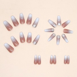 Acrylic Press on Nails Medium Coffin Fake Nails Glossy Glue on Nails White Pink Gradient Acrylic Nails Fall Winter False Nails with Glitter Designs Artificial Stick on Nails for Women 24Pcs