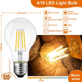 A19 Filament Bulb,Abnerph 6 Pack High output 806LM 8W Dimmable LED E26 Edison Vintage Bulbs A19, Equivalent 60W, 2700K Warm White Clear Glass High CRI85 A 19 LED Light for Living rooom, Bathroom，Home