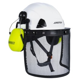 JORESTECH Safety Hard Hat with Lime Earmuffs That Meet ANSI Compliant Standards and Iron Mesh Face Shield