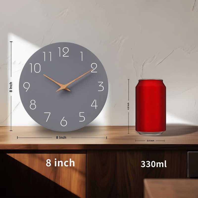 Mosewa Wall Clock 8 Inch Gray Battery Operated Silent Non