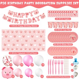 Lenwen Pig Birthday Decorations 275 Pcs Pig Party Supplies Set Include Pig Tableware Pig Farm Animal Birthday Banner Piggy Latex Balloons for Summer Pig Themed Cute Birthday Party Favor 24 Guests