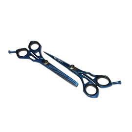 Professional Barber Scissor / Thinner Kit - Shears for All hair Type in Blue and Black - Adjustable Tension Screw - Unisex Scissors Japanese Steel J420