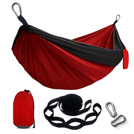 Portable Hammock and Travel Lightweight Backpacking Hammock Swing with Stainless Steel Clip and Tree Straps for Camping Hiking Backyard Lounging Outdoor Hammock (Red+Black)