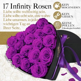 QHHENTOO 17 Infinity Roses, Eternal Purple Rose Gifts for Women, Preserved Rose in Heart Box for Women, Mother for Birthday, Anniversary, Valentine's Day, Mother's Day, Christmas, Wedding Anniversary