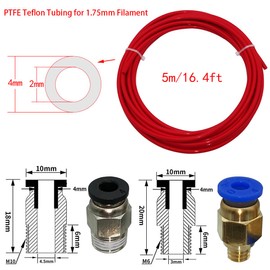PTFE Tubing 5M, CESFONJER Red Teflon Tubing with 1 Pcs Tubing Fittings Cutter and 5 Pcs PC4-M6 and 5 Pcs PC4-M10 for PTFE Tube Push Fitting Connector 1.75mm Filament 3D Printer