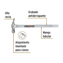 Truper MTR-20X, Martillo uña recta, mango tubular, con alojamiento, 20 oz                                                                             