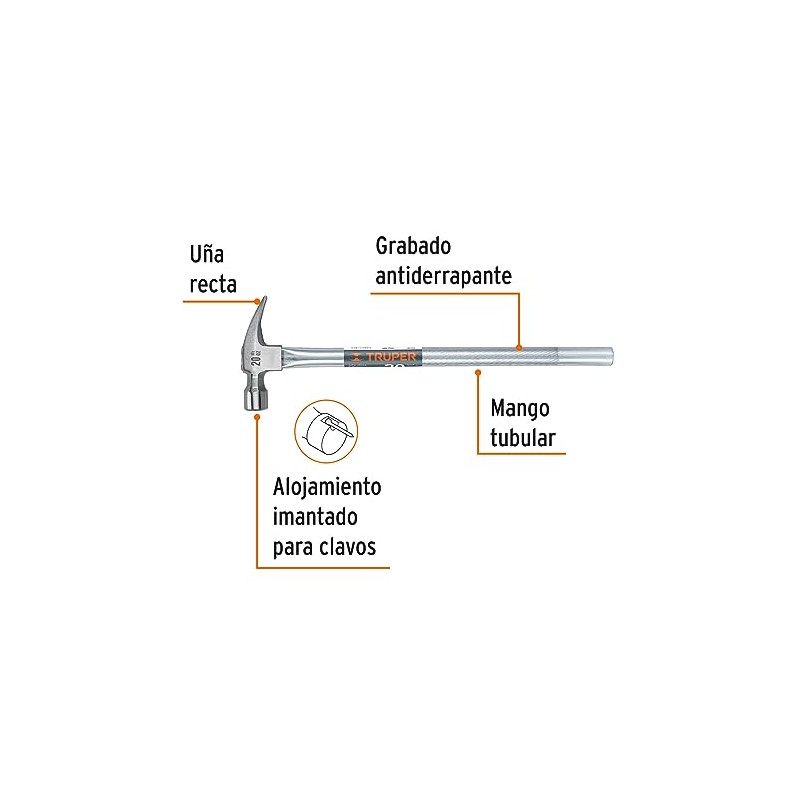 Truper MTR-20X, Martillo uña recta, mango tubular, con alojamiento, 20