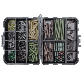 OKVGO Carp Fishing Tackle Box Accessories Kit with Rolling Swivel Hook Bait Screw Stop Beads Anti Tangle Sleeves Safety Link Clips for Carp Fishing Bait Rig Making 321pcs Set