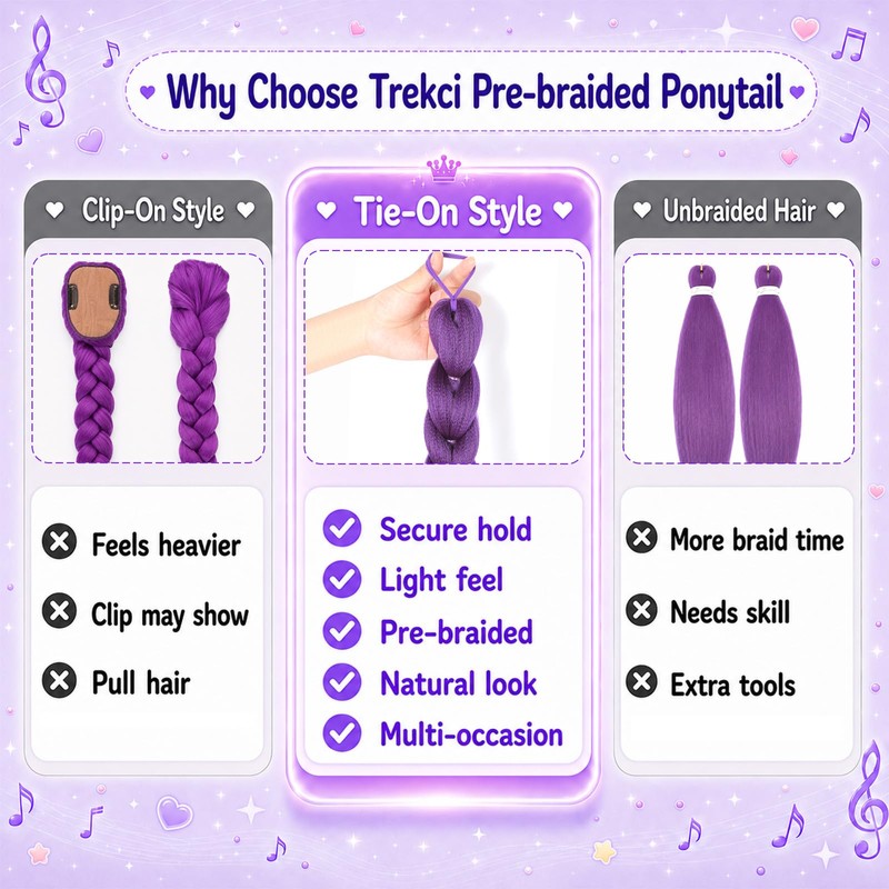 Purple Braided Ponytail Pre-Braided Synthetic Hair 30Inch Easy Tie-on
