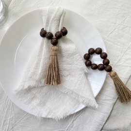 Napkin Rings Set of 12,Wooden Napkin Rings,Wood Bead Elastic Farmhouse Napkin Holder with Tassel,Boho Napkin Ring for Table Decor,Weeding,Dinner,Party(Brown)