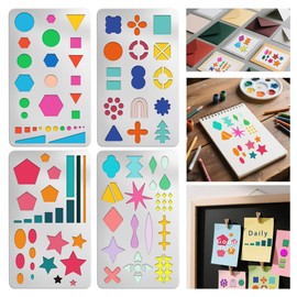 UNICRAFTALE 4Pcs Geometric Pattern Metal Stencil Square Round Satr Drawing Template Basic Shape Stainless Steel Reusable Template for DIY Scrapbooking Drawing Carving Engraving Wood Burning