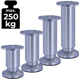 Stahlia Furniture Feet Adjustable (Set of 4) 25 cm Height Brushed Aluminium Diameter 38 mm Cabinet Feet Maximum Load 250 kg Sofa Feet Furniture Legs Metal Feet Shelf Feet
