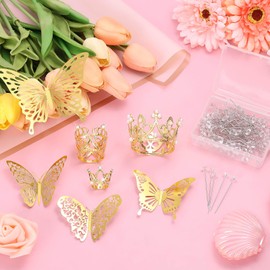 cridoz 163Pcs Flower Bouquet Accessories, 15Pcs Mini Crowns with 48Pcs Gold 3D Butterfly Decorations and 100Pcs Corsage Boutonniere Pins for Flower Arrangements, Small Crowns for Cake Topper