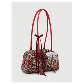RoseSeek Women's Leopard Print Lace Bow Y2k Shoulder Bag Zipper Top Handle Leather Handbags Multicolor One-Size