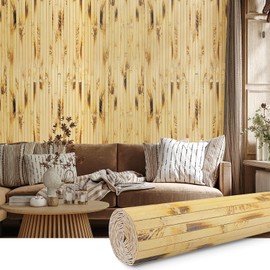 Bamboo Wall Panel for Interior Decoration Bamboo Pole Wrap Roll Natural Wainscoting Paneling Decorative Wall Slat Covering for Living Room, Kitchen, Bedroom, Office (48 Inch x 96 Inch, Light Burned)